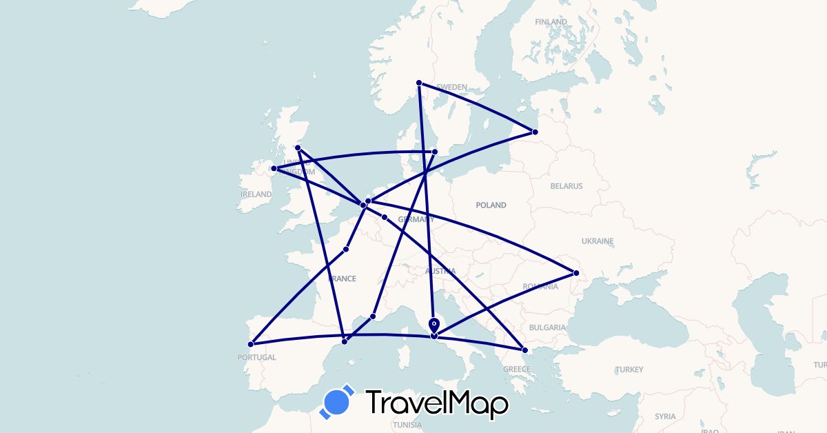 TravelMap itinerary: driving in Germany, Denmark, Spain, France, United Kingdom, Greece, Italy, Latvia, Moldova, Netherlands, Norway, Portugal (Europe)